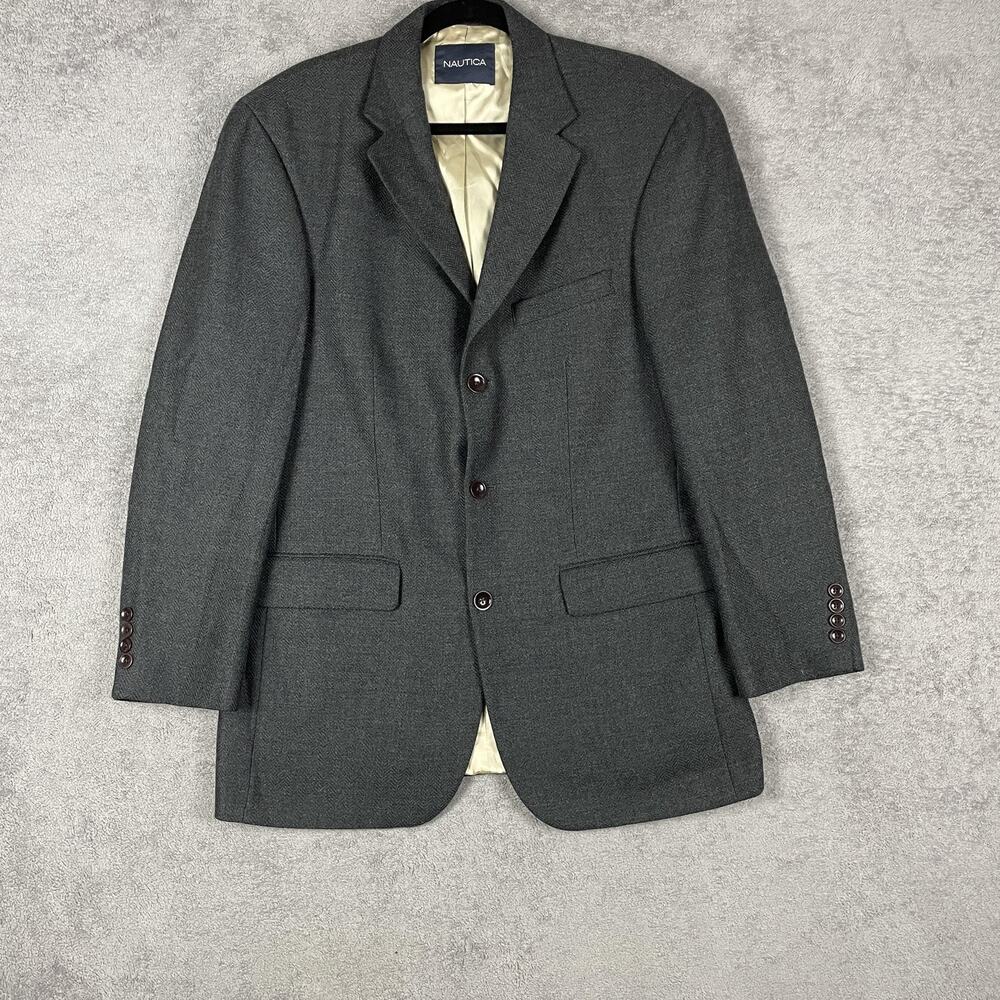 Nautica Blazer Mens 40R Gray Wool Herringbone Sport Coat Jacket Lined Classic